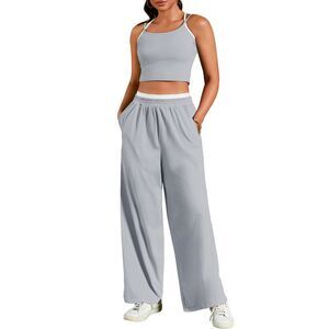 2 Piece Spaghetti Strap Crop Tank Tops Wide Leg Pants Tracksuit Gray